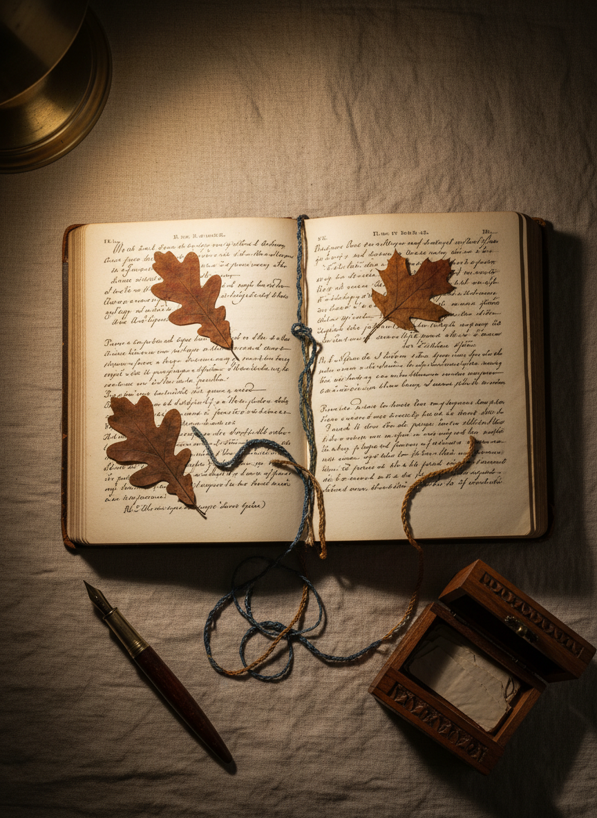 An old, leather-bound journal lying open on a subtly textured flax-colored linen cloth, its pages filled with layered, handwritten notes in different inks and scripts, interspersed with pressed leaves and bits of woven thread. The journal is flanked by a fountain pen with a worn brass nib and a small carved wooden box slightly ajar, revealing folded paper inside. Warm, directional light from a nearby desk lamp pools onto the pages, leaving the surrounding area in soft shadow, emphasizing the sense of depth and history. Shot from above in a carefully balanced composition, everything is in crisp focus. The photographic realism and muted color palette convey a sophisticated, reflective atmosphere, suggesting intergenerational wisdom, memory, and the quiet work of healing stories over time.