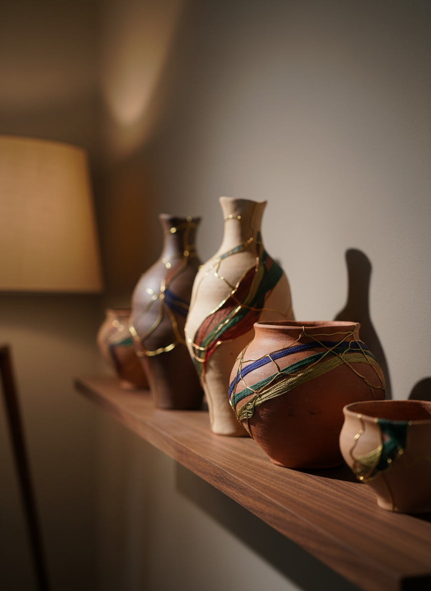 A set of handcrafted clay vessels of varying sizes and earth tones—umber, terracotta, and pale sand—each one visibly repaired with fine, contrasting seams of metal and dyed fiber, placed along a narrow, dark walnut shelf. Behind them, a smooth plaster wall in soft matte taupe provides a calm backdrop. Gentle side lighting from an unseen floor lamp with a linen shade creates delicate highlights on the vessels’ curves and casts understated, overlapping shadows along the wall. Photographed at close range with a shallow depth of field, the foremost vessel is in sharp focus while the others blur progressively, suggesting continuity across generations. The mood is intimate, refined, and quietly hopeful, rendered in photographic realism with a minimalist, gallery-like aesthetic that honors reclamation and care.
