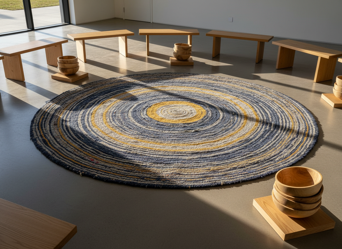 An intricately woven circular rug made from reclaimed fabrics in deep indigo, warm ochre, and soft cream, its textures subtly varied and tactile. The rug rests at the center of a polished concrete floor in a minimalist community space, surrounded by low wooden benches and neatly stacked hand-carved bowls. Late afternoon natural light pours through large unseen windows, washing the scene in a gentle golden glow and casting soft, elongated shadows. Shot at eye level with a slightly wide angle, the composition centers the rug while keeping the room in crisp focus. The mood is contemplative and dignified, photographic realism with a clean, sophisticated aesthetic that quietly suggests gathering, reflection, and shared repair without showing any people.