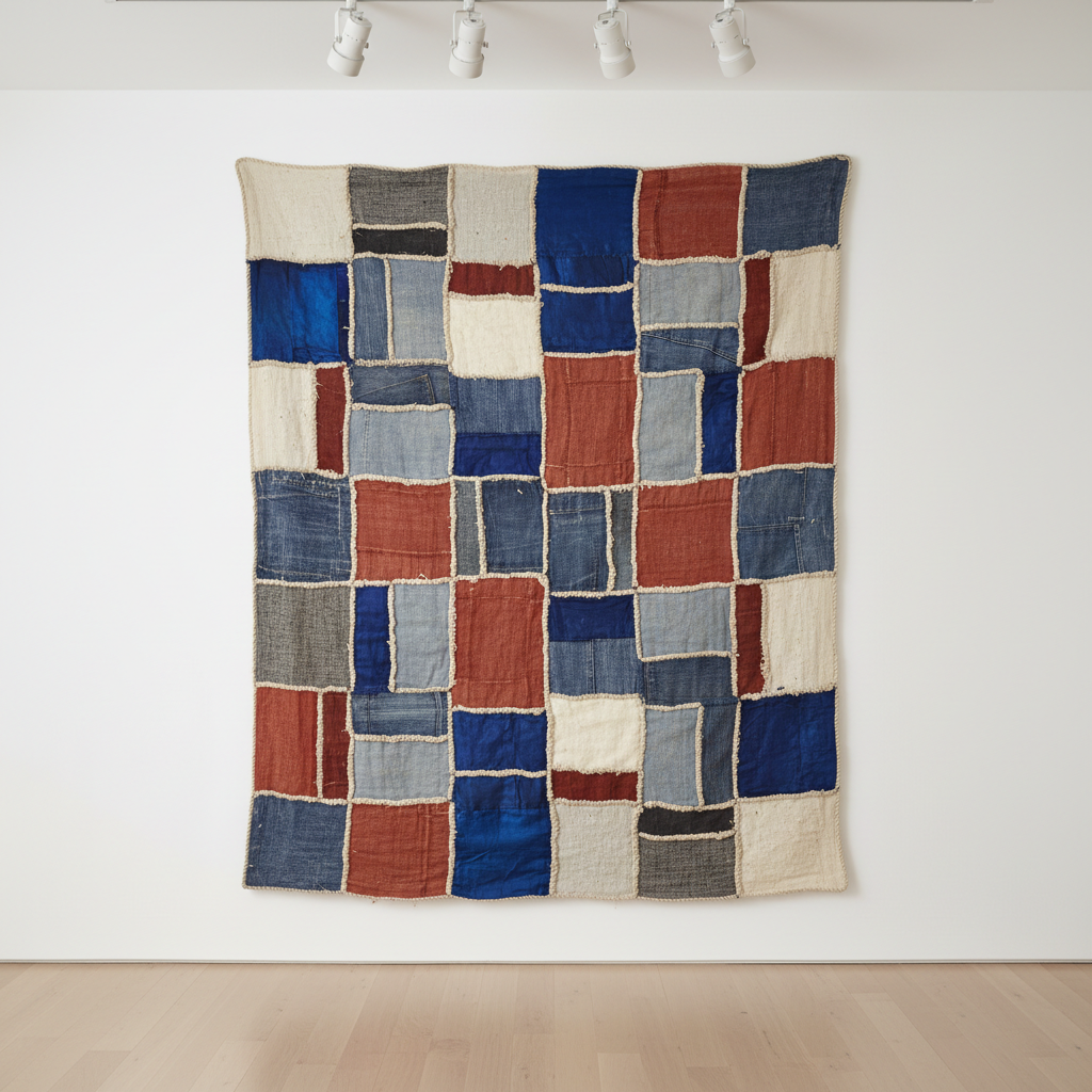 A large, vertical patchwork hanging made from reclaimed textiles—vintage silks, rugged denim, handwoven cottons—each piece stitched together with visible, deliberate seams in contrasting thread, forming an abstract yet harmonious pattern. The hanging is suspended against a smooth, off-white gallery wall in a modern community arts space with pale oak flooring. Soft, even track lighting from above illuminates the varied textures and subtle color shifts, from deep blues and rust reds to soft grays and creams. Photographed from a straight-on, eye-level perspective with sharp detail across the entire frame, the composition is centered and symmetrical, emphasizing balance and cohesion. The mood is elevated and contemplative, with photographic realism and a clean, sophisticated style that symbolizes collective repair, shared histories, and the reclamation of discarded materials.