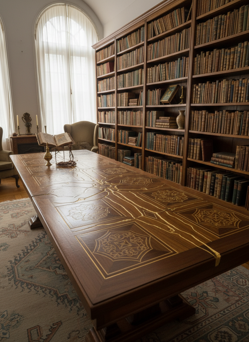 A meticulously restored wooden table, its surface bearing fine inlay patterns inspired by multiple cultural motifs, each segment carefully mended with visible golden joinery reminiscent of kintsugi. The table stands in a serene, high-ceilinged room lined with bookshelves filled with worn, cloth-bound volumes and small ceremonial objects. Soft overcast daylight filters through tall, sheer-draped windows, creating a diffused, even illumination that highlights the grain of the wood and the gentle shimmer of the gold repairs. Captured from a slightly elevated three-quarter angle using photographic realism, the composition follows the rule of thirds, with the table leading the eye into the depth of the room. The atmosphere feels scholarly yet warm, evoking reverence for diverse wisdom traditions and the beauty of intentional repair.