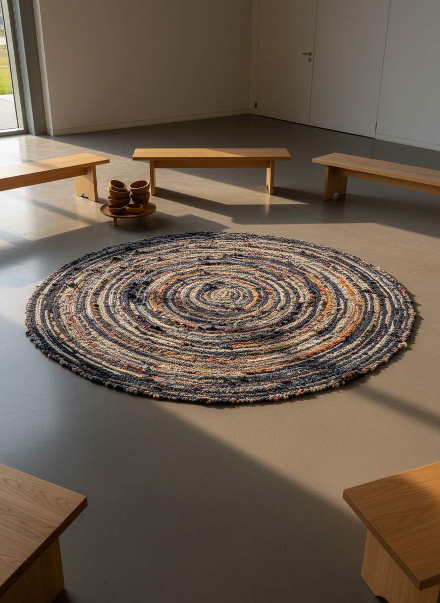 An intricately woven circular rug made from reclaimed fabrics in deep indigo, warm ochre, and soft cream, its textures subtly varied and tactile. The rug rests at the center of a polished concrete floor in a minimalist community space, surrounded by low wooden benches and neatly stacked hand-carved bowls. Late afternoon natural light pours through large unseen windows, washing the scene in a gentle golden glow and casting soft, elongated shadows. Shot at eye level with a slightly wide angle, the composition centers the rug while keeping the room in crisp focus. The mood is contemplative and dignified, photographic realism with a clean, sophisticated aesthetic that quietly suggests gathering, reflection, and shared repair without showing any people.