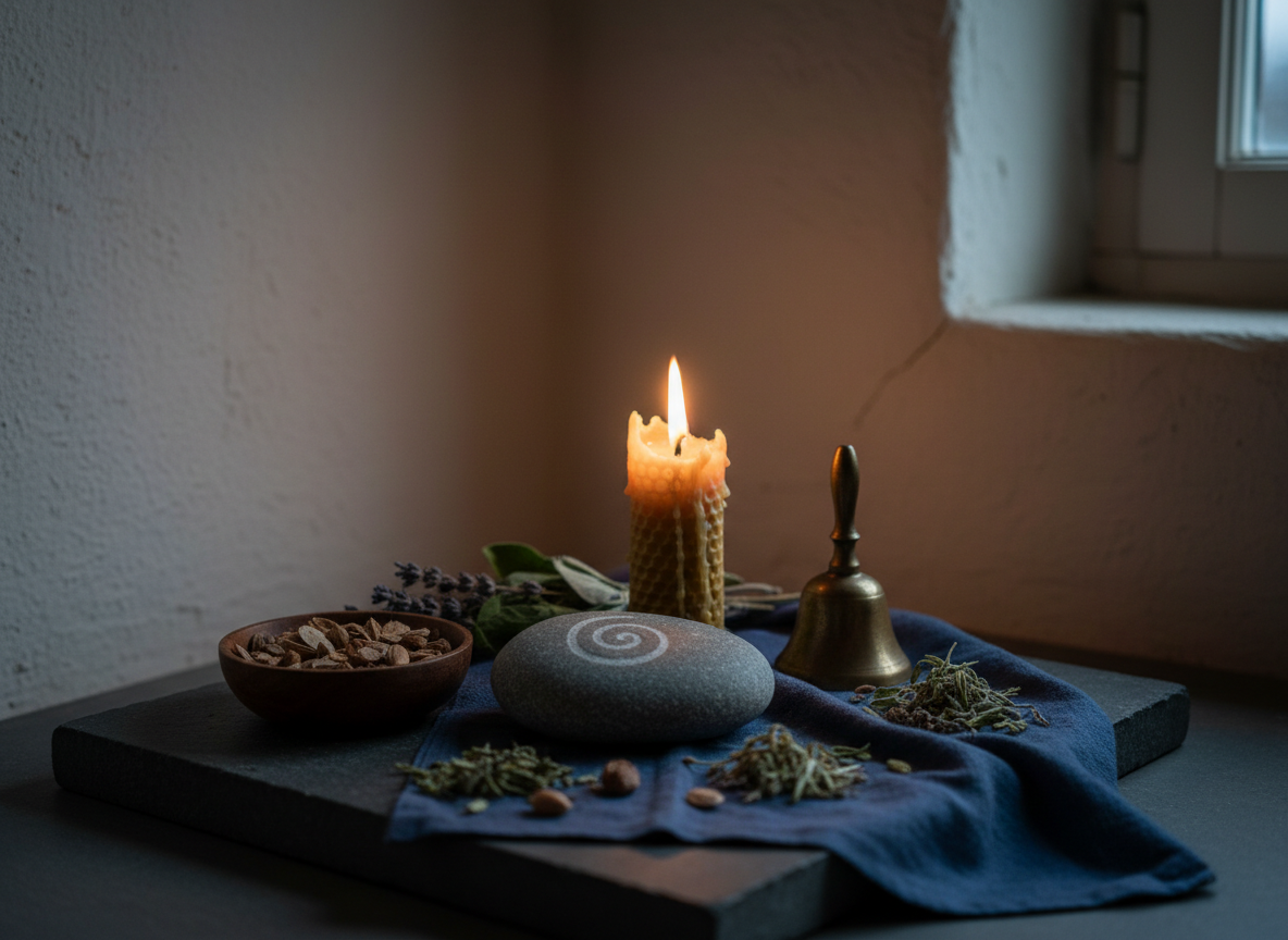A carefully curated altar-like arrangement on a low, dark stone slab: a smooth river rock etched with a subtle spiral motif, a small bowl of ancestral seeds, a beeswax candle half-burned with delicate drips, and a simple brass bell with a gently tarnished patina. Surrounding them are a few sprigs of dried herbs and a folded indigo-dyed cloth. The background is a shadowed corner of a quiet room with plaster walls, illuminated by the soft, flickering light of the candle and a trace of cool twilight seeping in from an unseen window. Shot in close-up with a shallow depth of field, the main objects are sharply defined while the periphery falls into a gentle blur. The photographic realism and restrained palette create a hushed, sacred atmosphere that honors diverse wisdom traditions and the subtle work of healing.