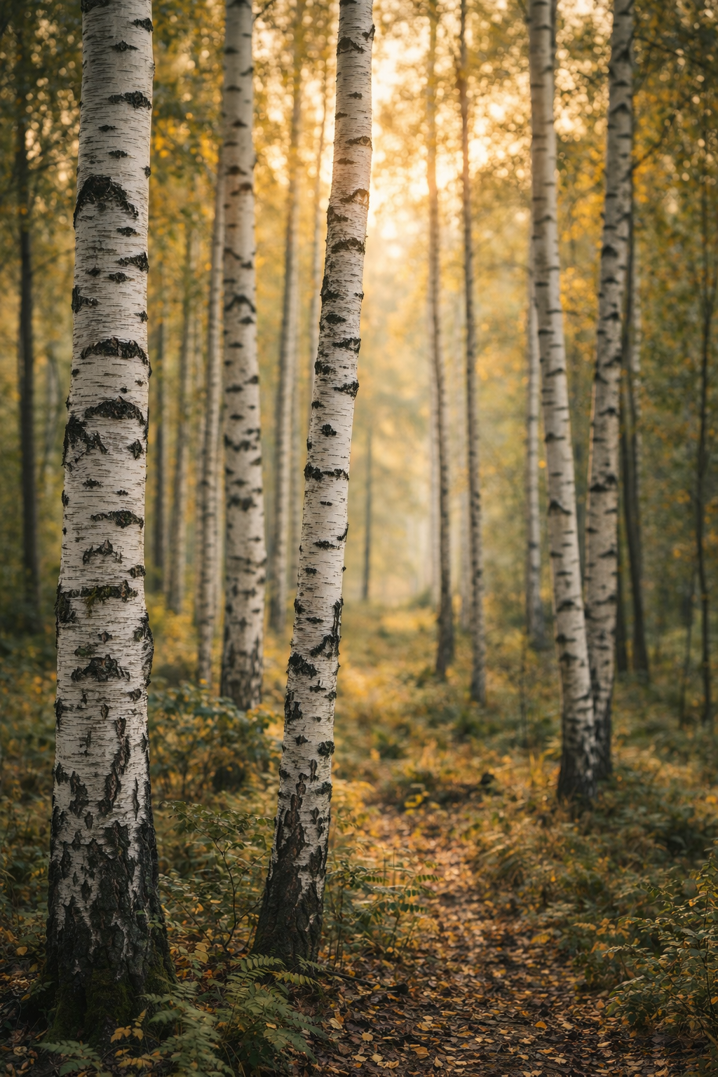 Path through a birch forest with autumn leaves and soft sunlight