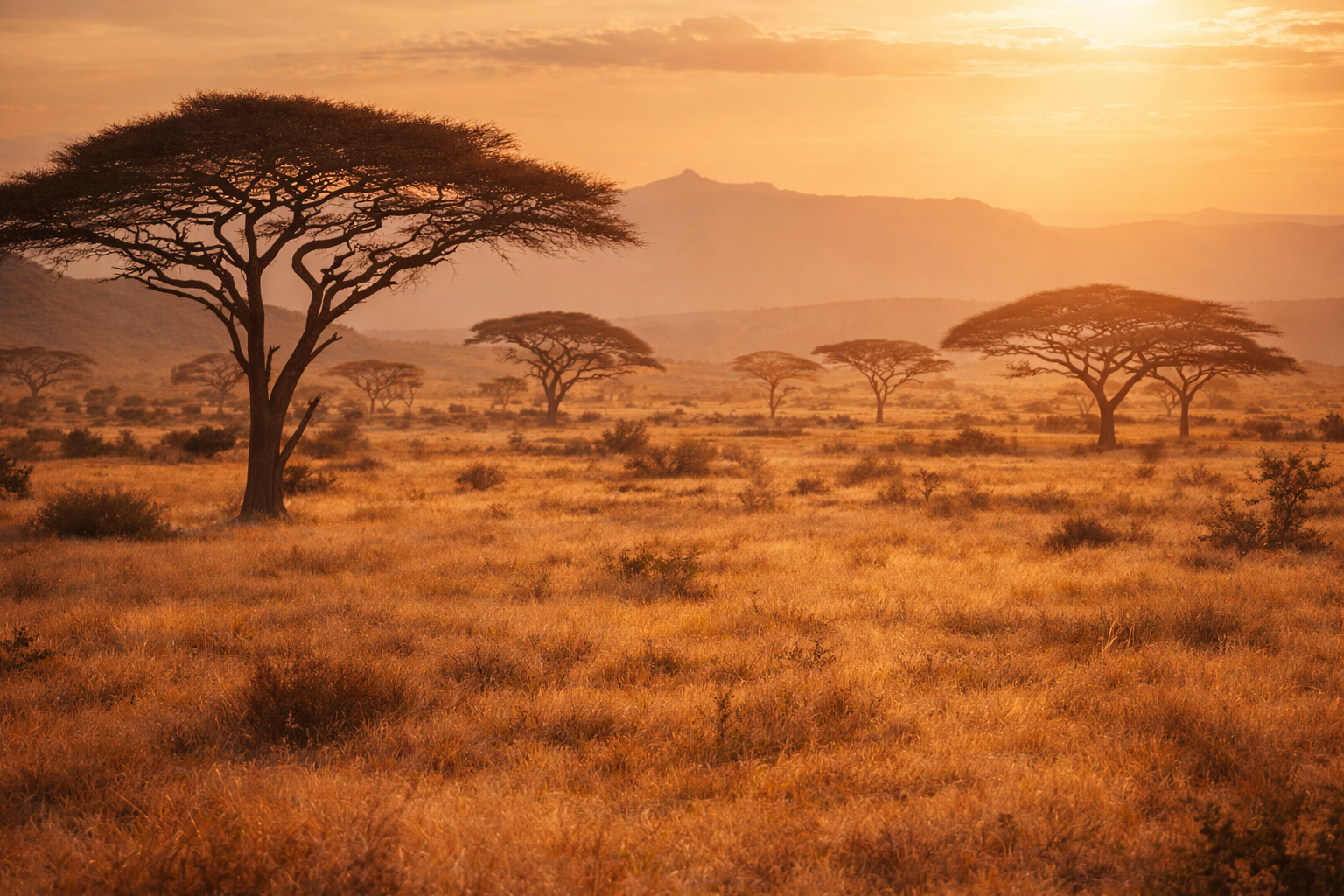 Four elephants walking in a grassy savanna with acacia trees at sunset.