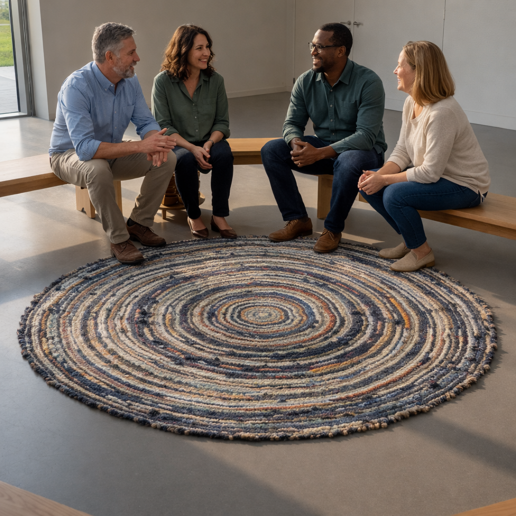 An intricately woven circular rug made from reclaimed fabrics in deep indigo, warm ochre, and soft cream, its textures subtly varied and tactile. The rug rests at the center of a polished concrete floor in a minimalist community space, surrounded by low wooden benches and neatly stacked hand-carved bowls. Late afternoon natural light pours through large unseen windows, washing the scene in a gentle golden glow and casting soft, elongated shadows. Shot at eye level with a slightly wide angle, the composition centers the rug while keeping the room in crisp focus. The mood is contemplative and dignified, photographic realism with a clean, sophisticated aesthetic that quietly suggests gathering, reflection, and shared repair without showing any people.