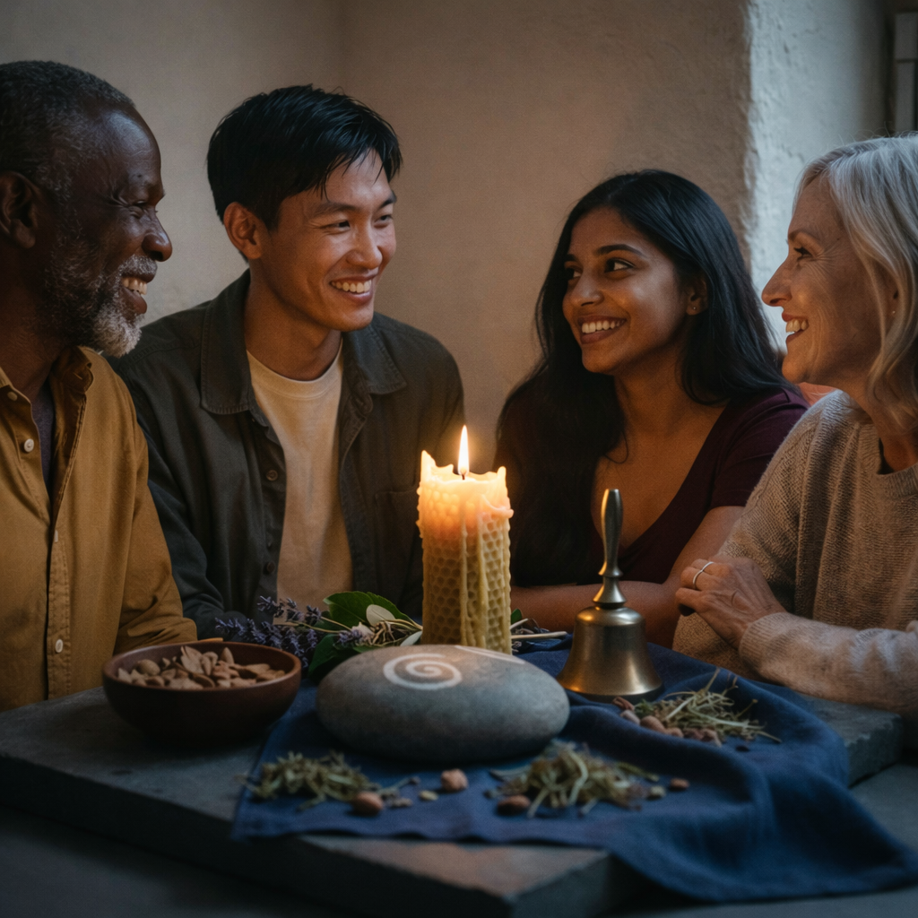 A carefully curated altar-like arrangement on a low, dark stone slab: a smooth river rock etched with a subtle spiral motif, a small bowl of ancestral seeds, a beeswax candle half-burned with delicate drips, and a simple brass bell with a gently tarnished patina. Surrounding them are a few sprigs of dried herbs and a folded indigo-dyed cloth. The background is a shadowed corner of a quiet room with plaster walls, illuminated by the soft, flickering light of the candle and a trace of cool twilight seeping in from an unseen window. Shot in close-up with a shallow depth of field, the main objects are sharply defined while the periphery falls into a gentle blur. The photographic realism and restrained palette create a hushed, sacred atmosphere that honors diverse wisdom traditions and the subtle work of healing.