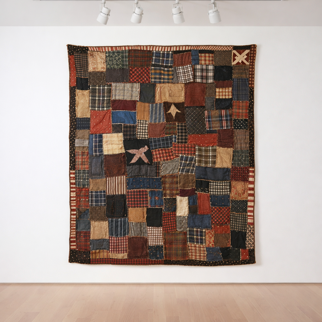A large, vertical patchwork hanging made from reclaimed textiles—vintage silks, rugged denim, handwoven cottons—each piece stitched together with visible, deliberate seams in contrasting thread, forming an abstract yet harmonious pattern. The hanging is suspended against a smooth, off-white gallery wall in a modern community arts space with pale oak flooring. Soft, even track lighting from above illuminates the varied textures and subtle color shifts, from deep blues and rust reds to soft grays and creams. Photographed from a straight-on, eye-level perspective with sharp detail across the entire frame, the composition is centered and symmetrical, emphasizing balance and cohesion. The mood is elevated and contemplative, with photographic realism and a clean, sophisticated style that symbolizes collective repair, shared histories, and the reclamation of discarded materials.