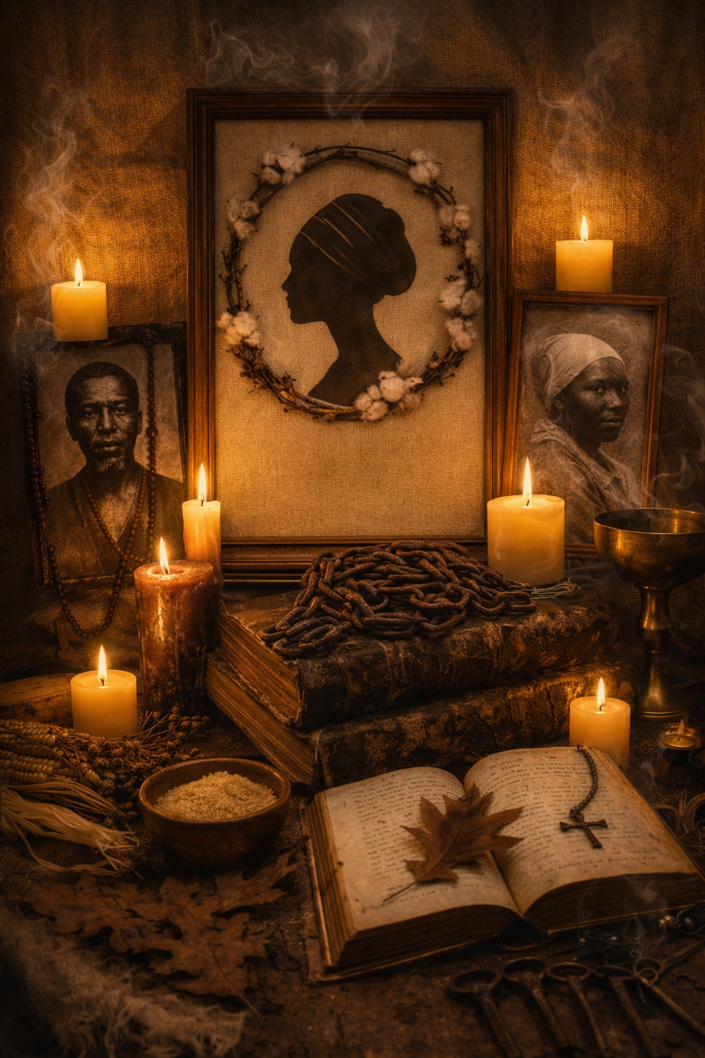 Altar with portraits of enslaved ancestors, candles, old books, chains, and a cross