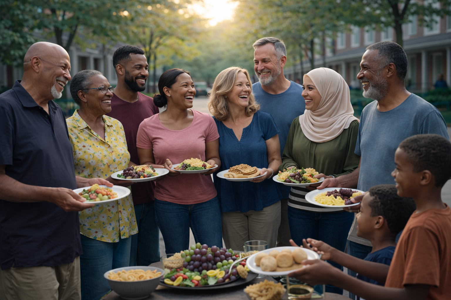 Group of people sharing food and laughing at an outdoor neighborhood gathering