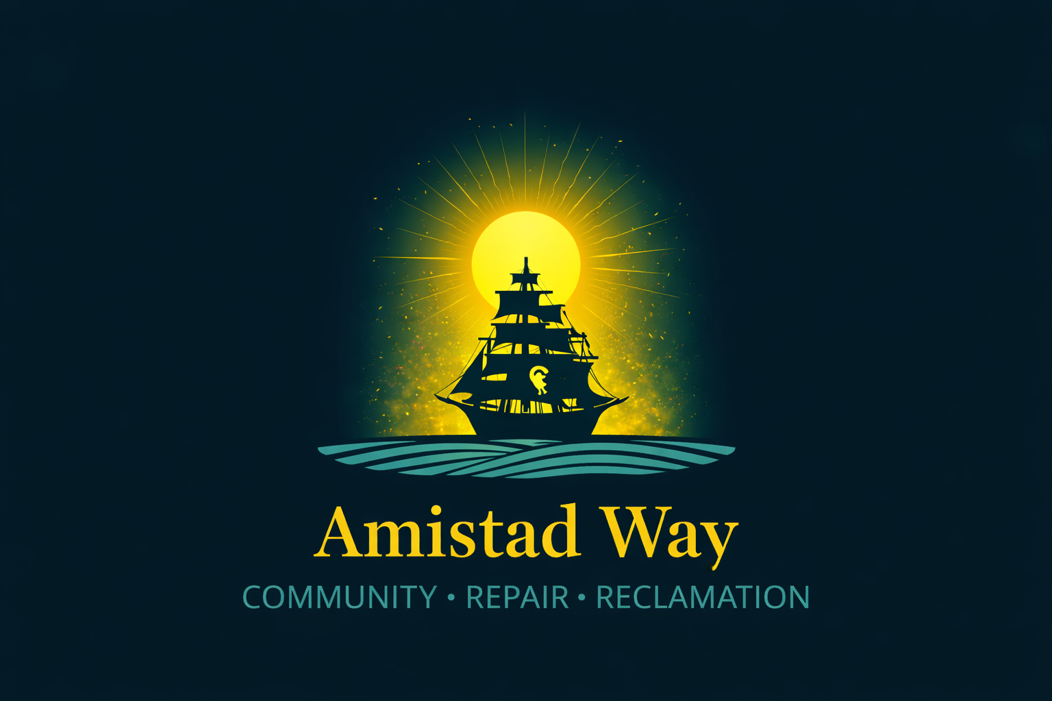 Logo showing houses with hands holding a wrench, hammer, and trowel surrounded by leaves and text 'Amistad Way' and 'Community Repair Reclamation'